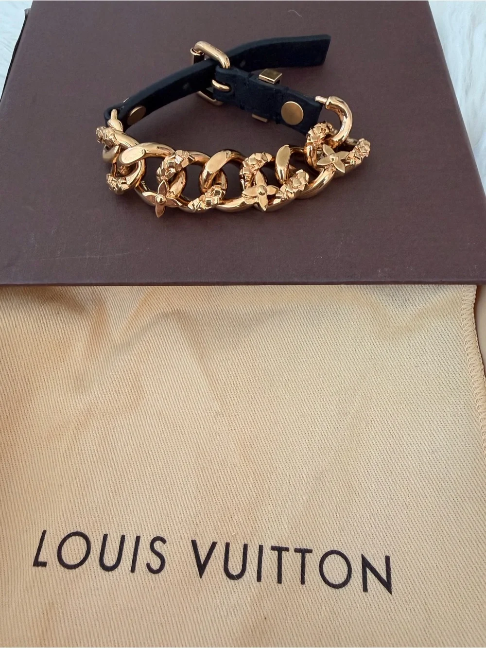 Louis Vuitton Gold Chain-Link Necklace and Bracelt with Black Leather Ends